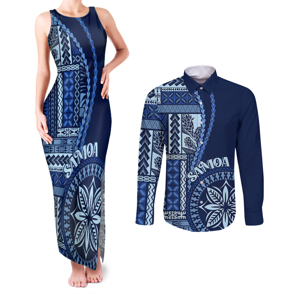 Samoa Siapo Motif Couples Matching Tank Maxi Dress and Long Sleeve Button Shirt Classic Style - Bue Ver LT7 Blue - Polynesian Pride