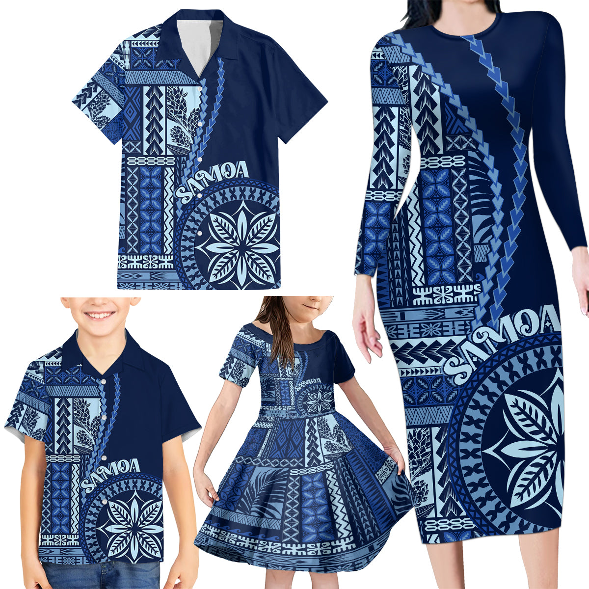 Samoa Siapo Motif Family Matching Long Sleeve Bodycon Dress and Hawaiian Shirt Classic Style - Bue Ver LT7 - Polynesian Pride