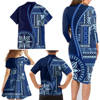 Samoa Siapo Motif Family Matching Long Sleeve Bodycon Dress and Hawaiian Shirt Classic Style - Bue Ver LT7 - Polynesian Pride