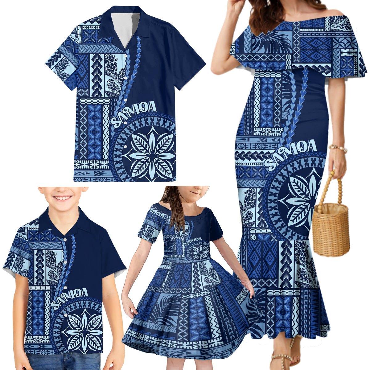 Samoa Siapo Motif Family Matching Mermaid Dress and Hawaiian Shirt Classic Style - Bue Ver LT7 - Polynesian Pride