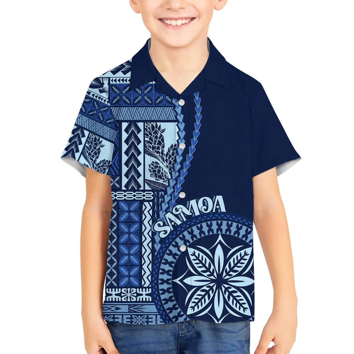 Samoa Siapo Motif Family Matching Puletasi Dress and Hawaiian Shirt Classic Style - Bue Ver LT7 Son's Shirt Blue - Polynesian Pride