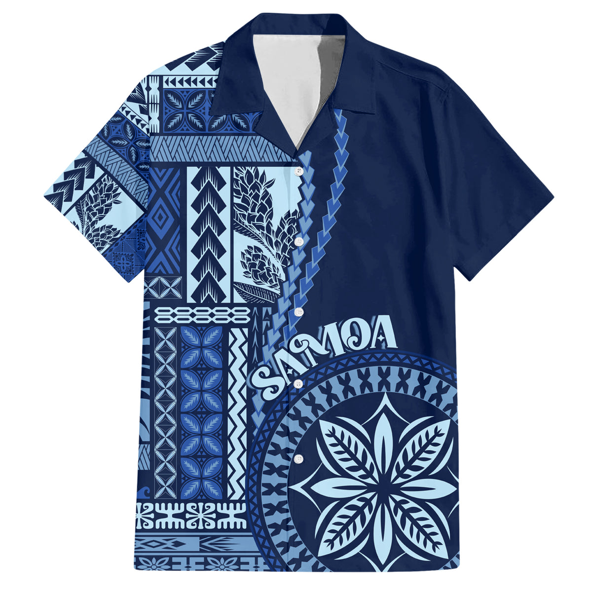 Samoa Siapo Motif Family Matching Short Sleeve Bodycon Dress and Hawaiian Shirt Classic Style - Bue Ver LT7 Dad's Shirt - Short Sleeve Blue - Polynesian Pride