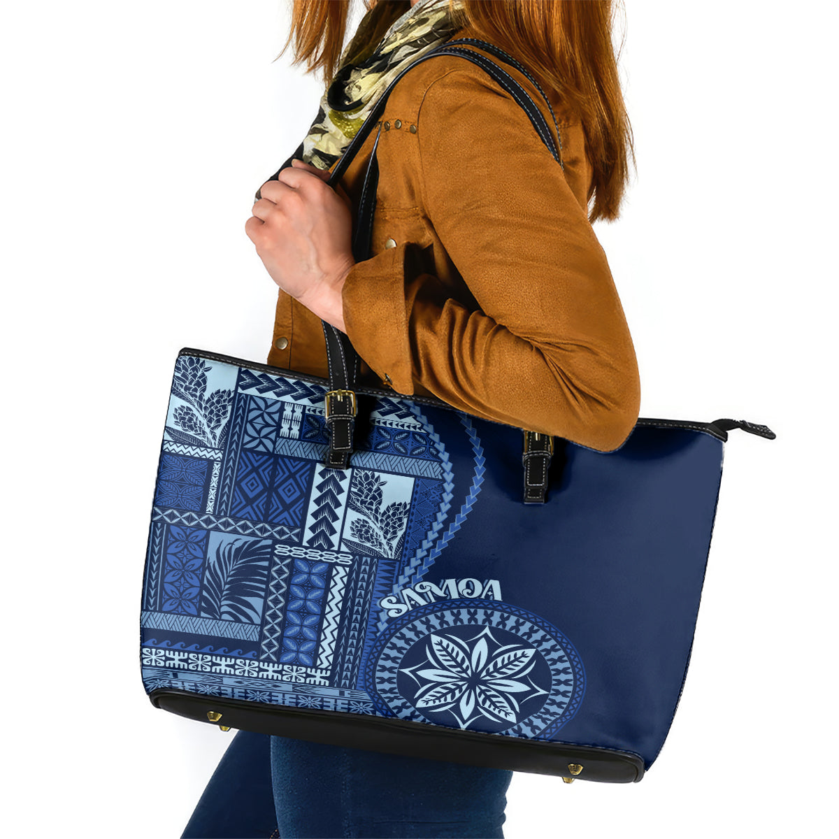 Samoa Siapo Motif Leather Tote Bag Classic Style - Bue Ver LT7 Blue - Polynesian Pride