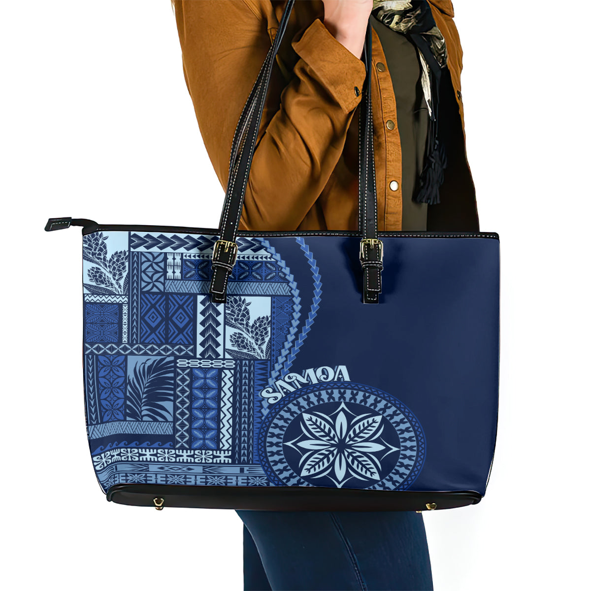 Samoa Siapo Motif Leather Tote Bag Classic Style - Bue Ver LT7 - Polynesian Pride