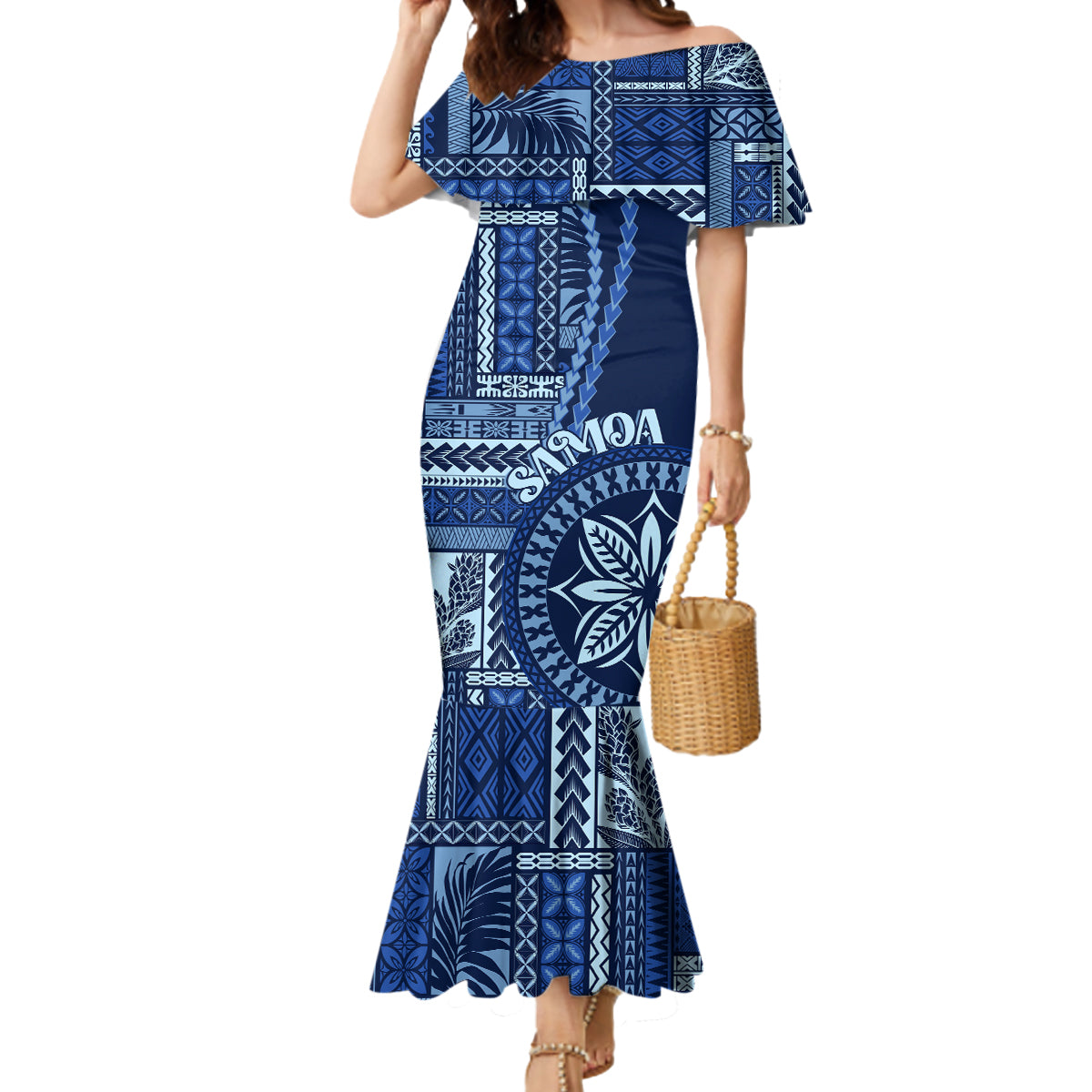 Samoa Siapo Motif Mermaid Dress Classic Style - Bue Ver LT7 Women Blue - Polynesian Pride