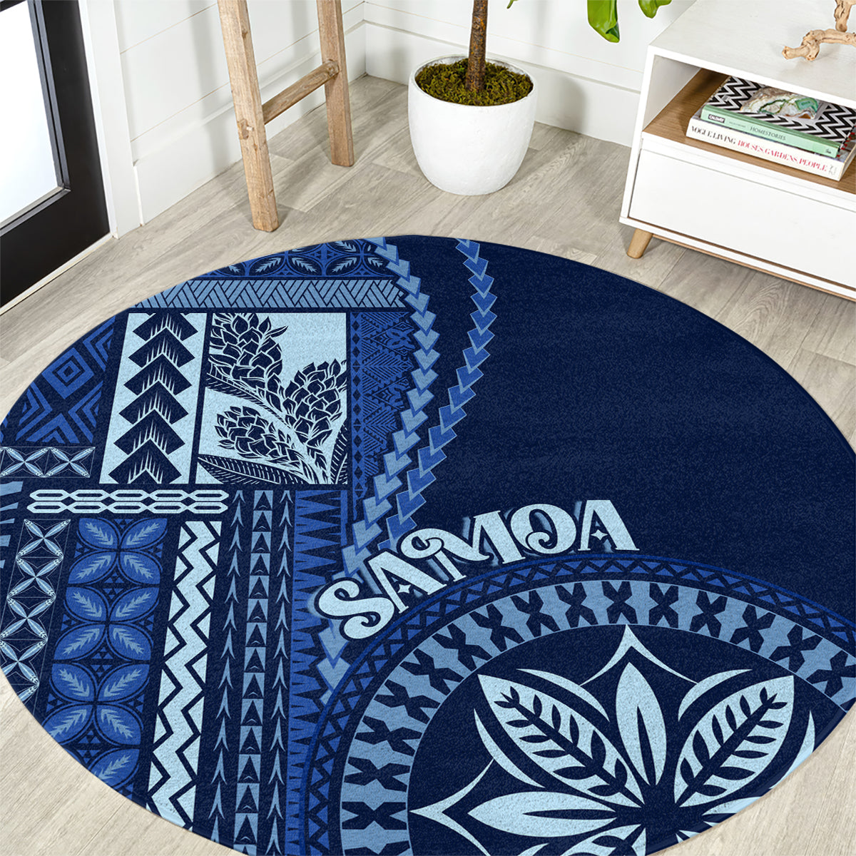 Samoa Siapo Motif Round Carpet Classic Style - Bue Ver LT7 Blue - Polynesian Pride