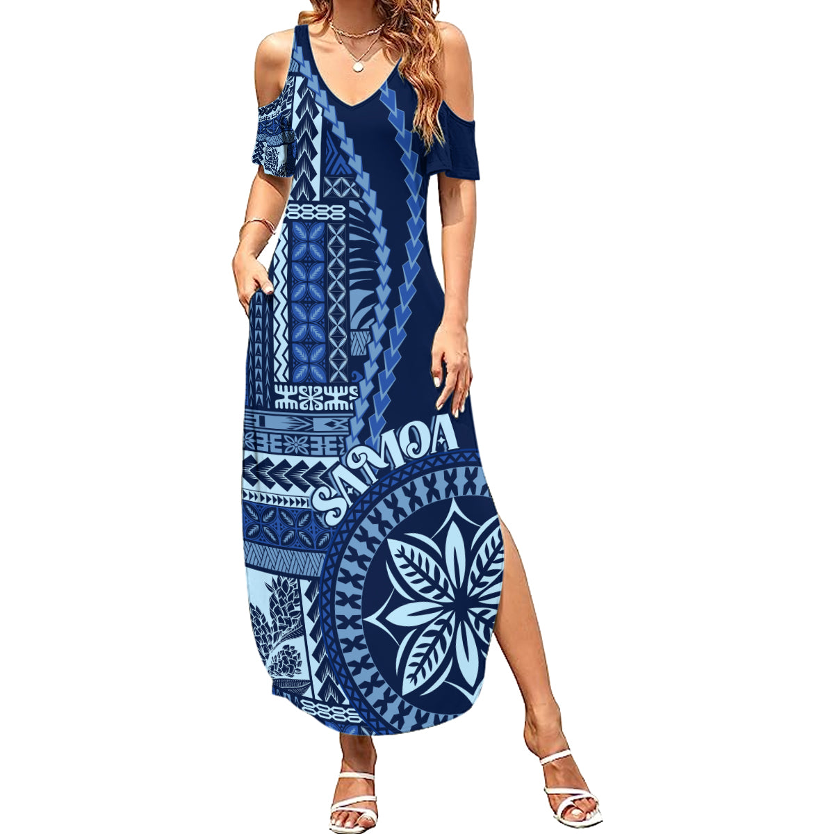 Samoa Siapo Motif Summer Maxi Dress Classic Style - Bue Ver LT7 Women Blue - Polynesian Pride
