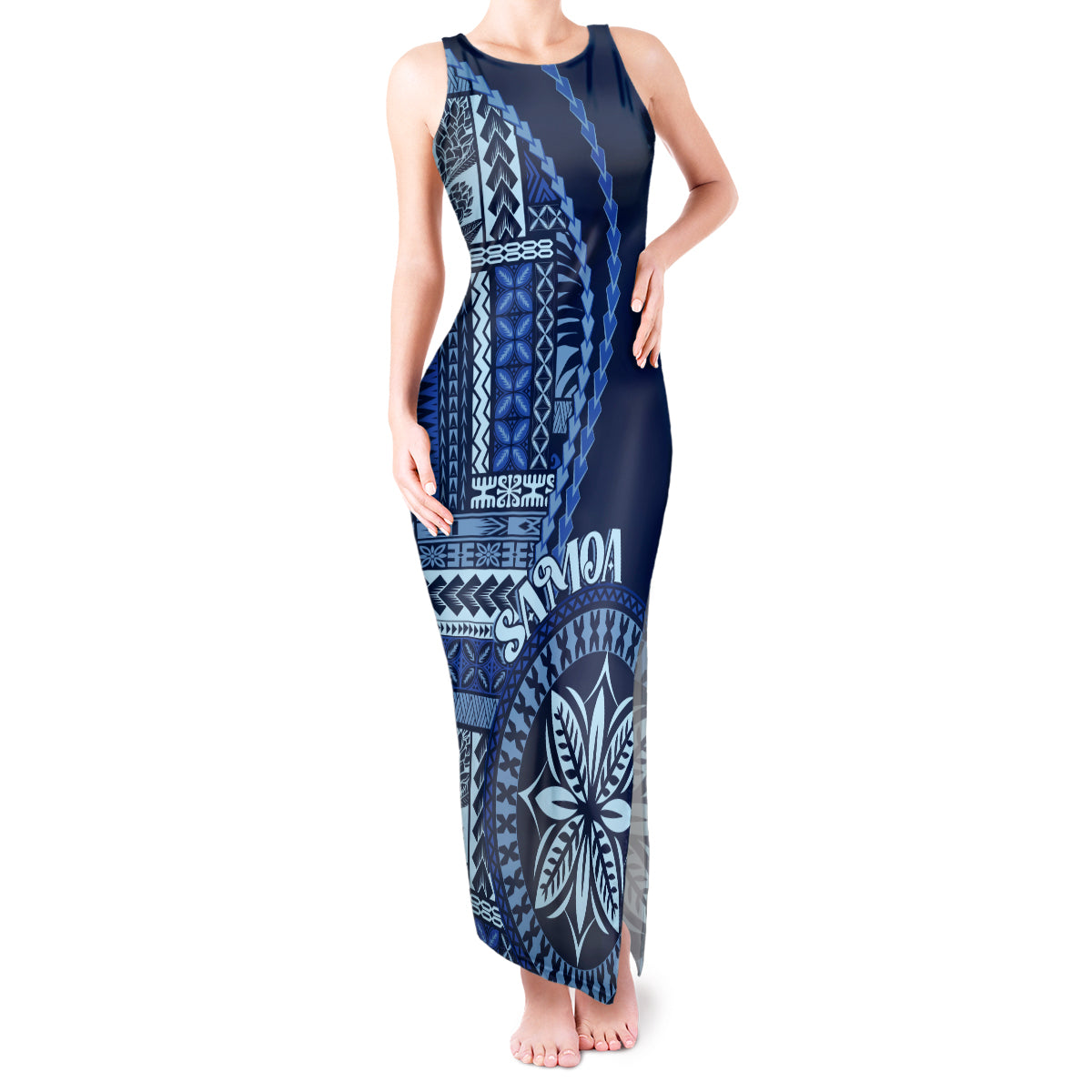 Samoa Siapo Motif Tank Maxi Dress Classic Style - Bue Ver LT7 Women Blue - Polynesian Pride