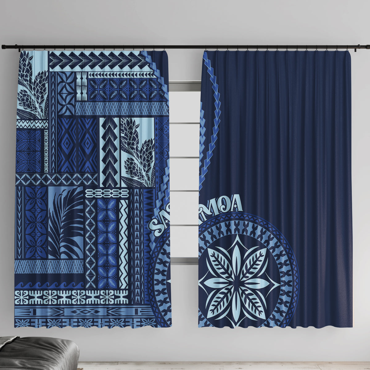 Samoa Siapo Motif Window Curtain Classic Style - Bue Ver LT7 With Hooks Blue - Polynesian Pride