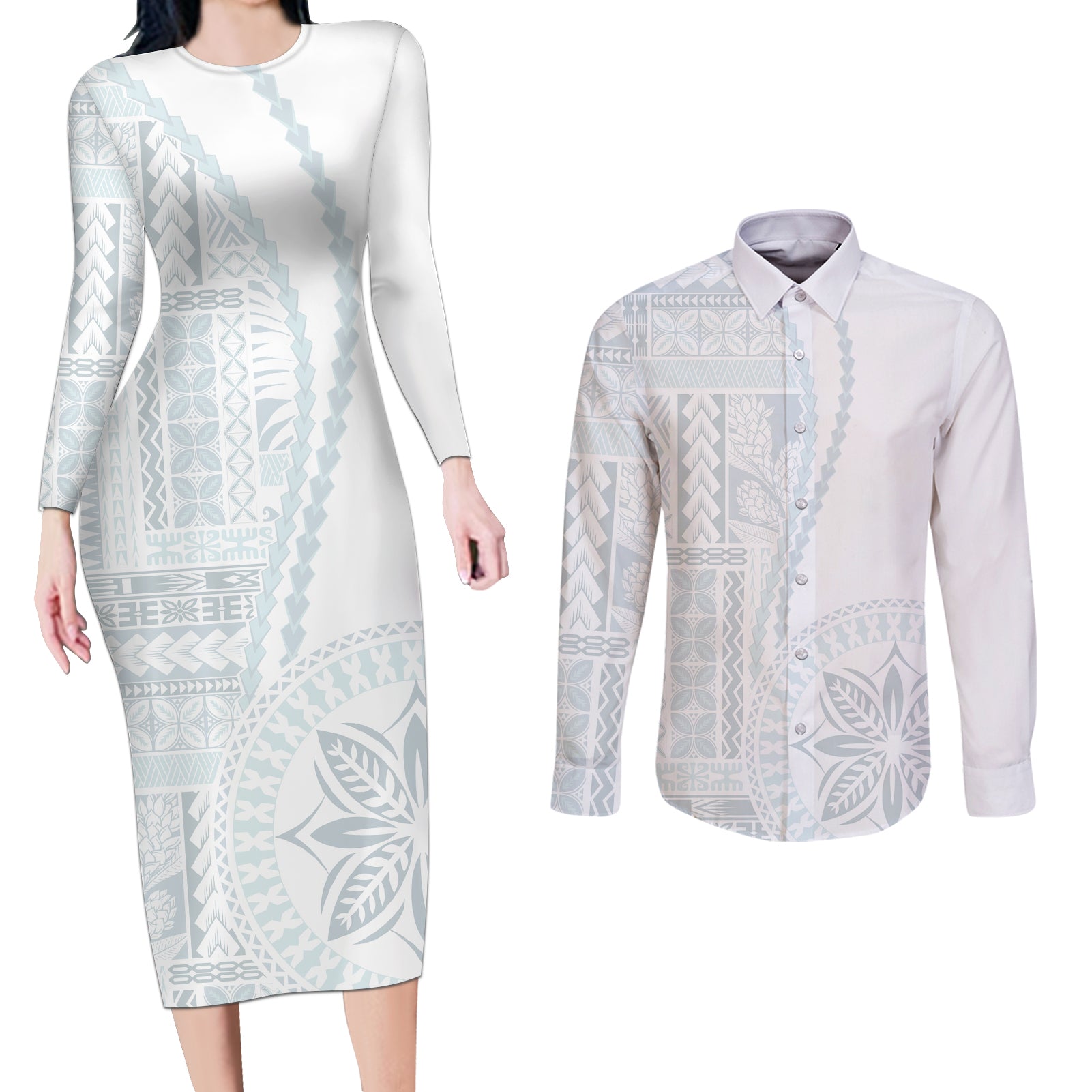 Samoa White Sunday Couples Matching Long Sleeve Bodycon Dress and Long Sleeve Button Shirt Classic Siapo Style LT7 White - Polynesian Pride