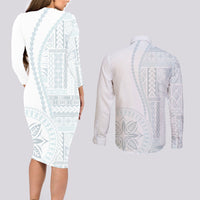 Samoa White Sunday Couples Matching Long Sleeve Bodycon Dress and Long Sleeve Button Shirt Classic Siapo Style LT7 - Polynesian Pride