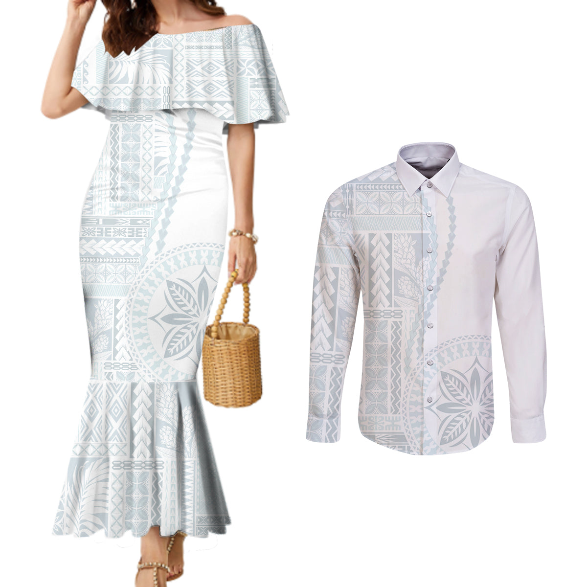 Samoa White Sunday Couples Matching Mermaid Dress and Long Sleeve Button Shirt Classic Siapo Style LT7 White - Polynesian Pride