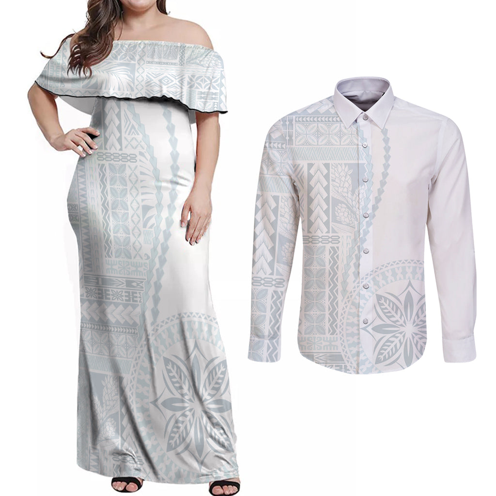 Samoa White Sunday Couples Matching Off Shoulder Maxi Dress and Long Sleeve Button Shirt Classic Siapo Style LT7 White - Polynesian Pride