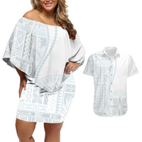 Samoa White Sunday Couples Matching Off Shoulder Short Dress and Hawaiian Shirt Classic Siapo Style LT7 White - Polynesian Pride