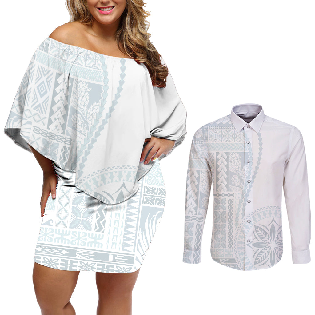 Samoa White Sunday Couples Matching Off Shoulder Short Dress and Long Sleeve Button Shirt Classic Siapo Style LT7 White - Polynesian Pride