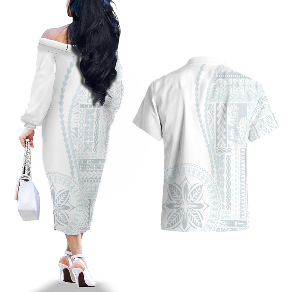 Samoa White Sunday Couples Matching Off The Shoulder Long Sleeve Dress and Hawaiian Shirt Classic Siapo Style LT7 - Polynesian Pride