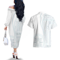Samoa White Sunday Couples Matching Off The Shoulder Long Sleeve Dress and Hawaiian Shirt Classic Siapo Style LT7 - Polynesian Pride