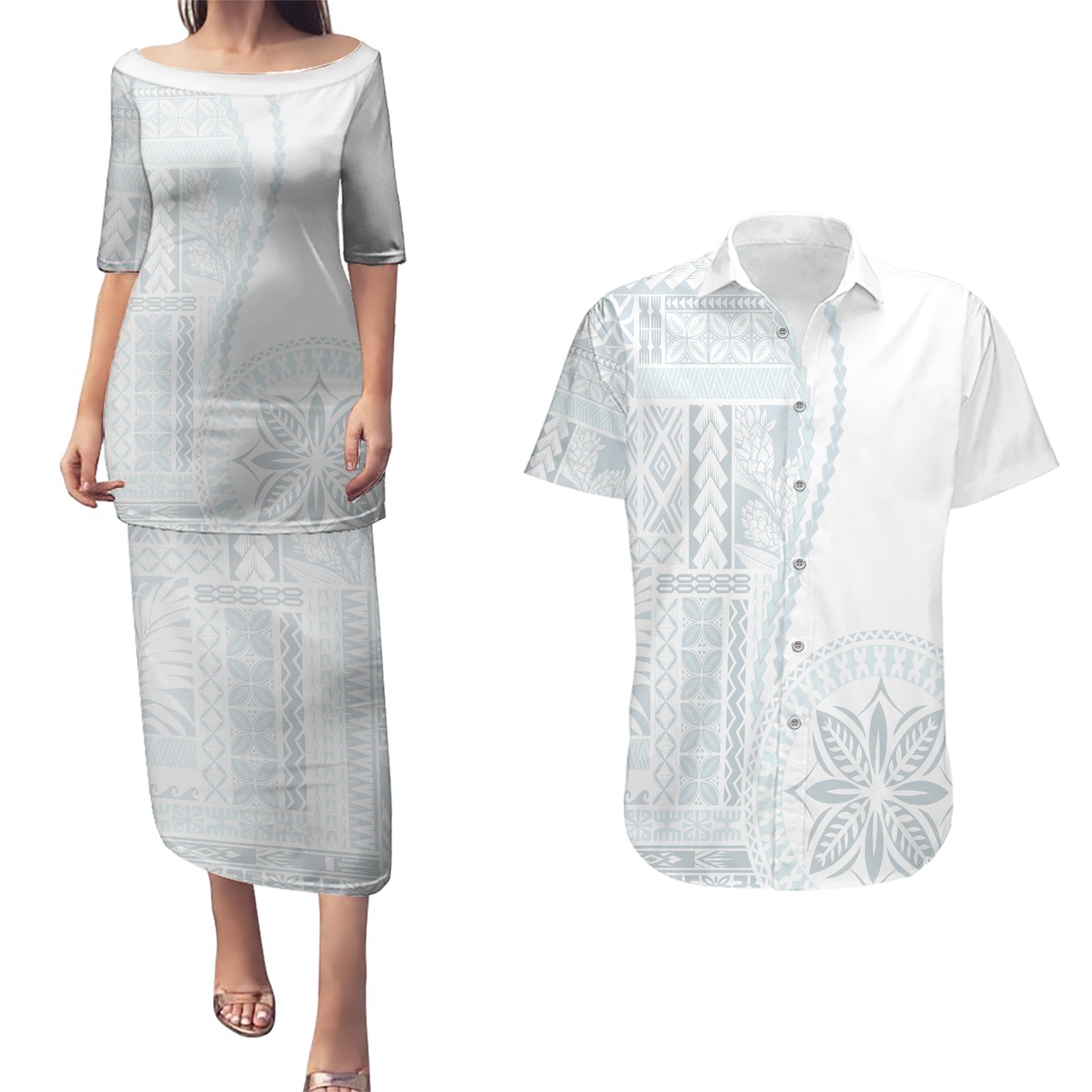 Samoa White Sunday Couples Matching Puletasi Dress and Hawaiian Shirt Classic Siapo Style LT7 White - Polynesian Pride