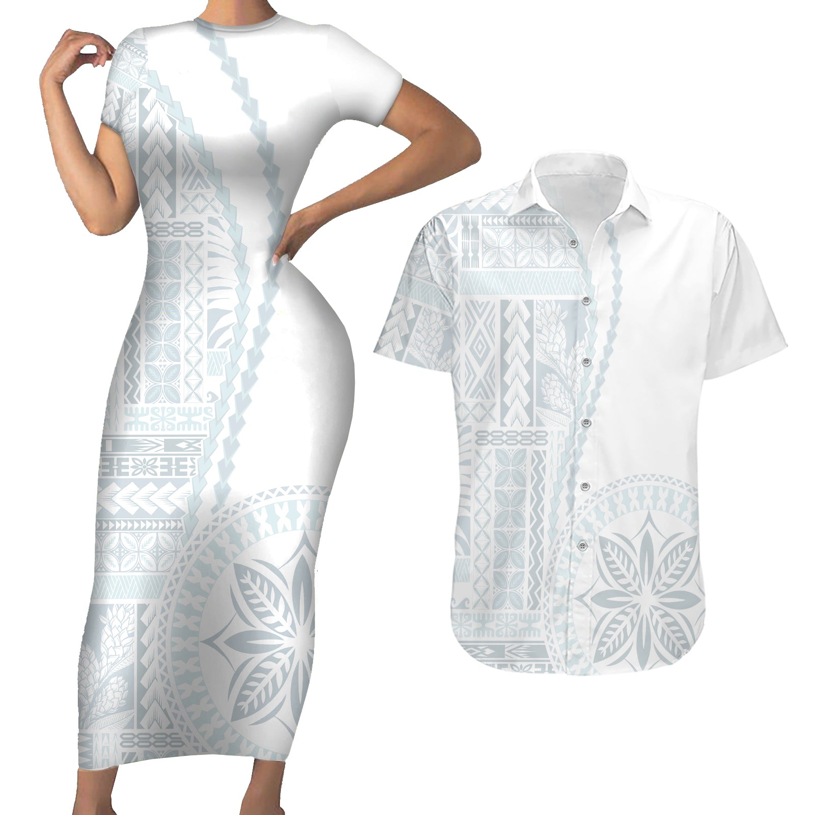 Samoa White Sunday Couples Matching Short Sleeve Bodycon Dress and Hawaiian Shirt Classic Siapo Style LT7 White - Polynesian Pride