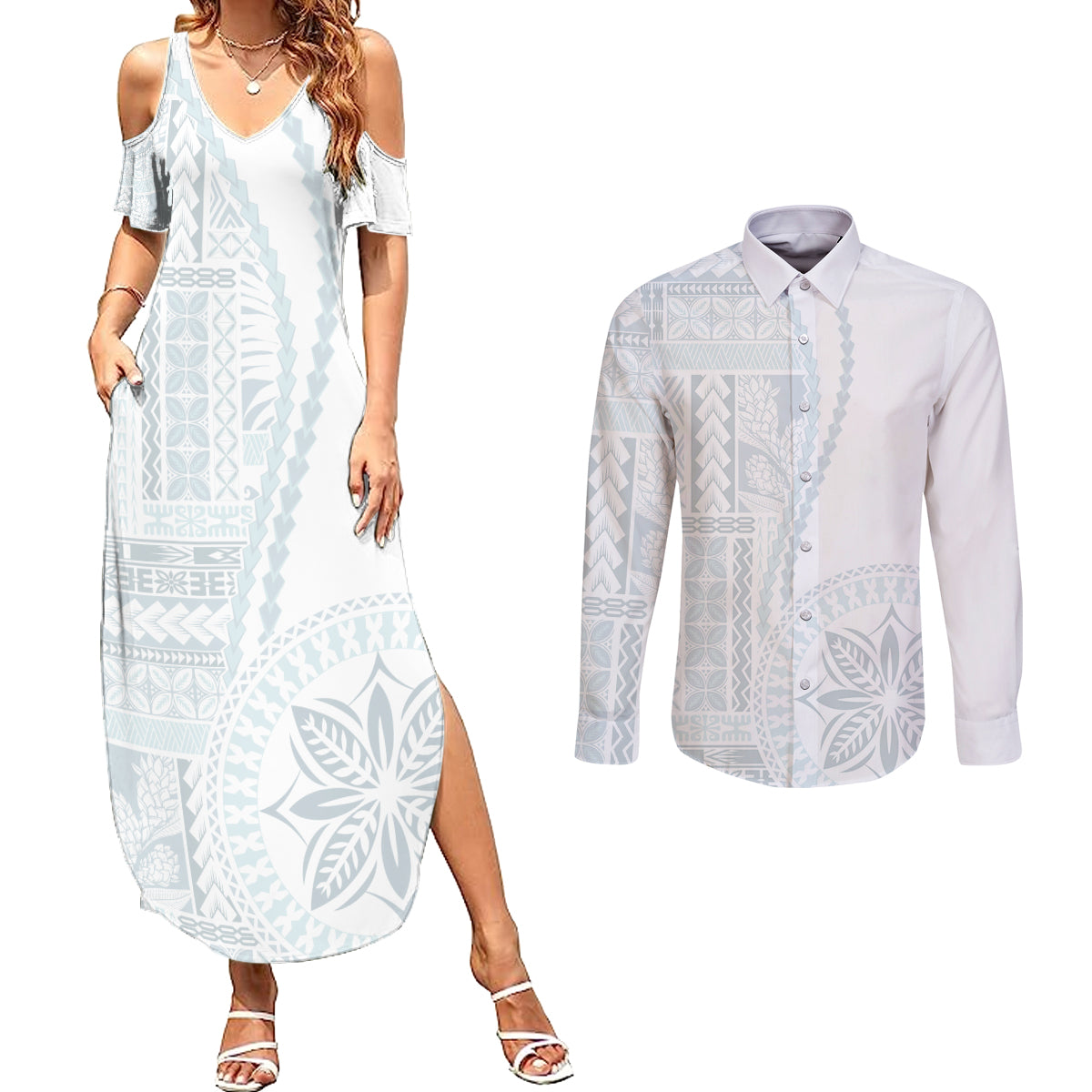 Samoa White Sunday Couples Matching Summer Maxi Dress and Long Sleeve Button Shirt Classic Siapo Style LT7 White - Polynesian Pride