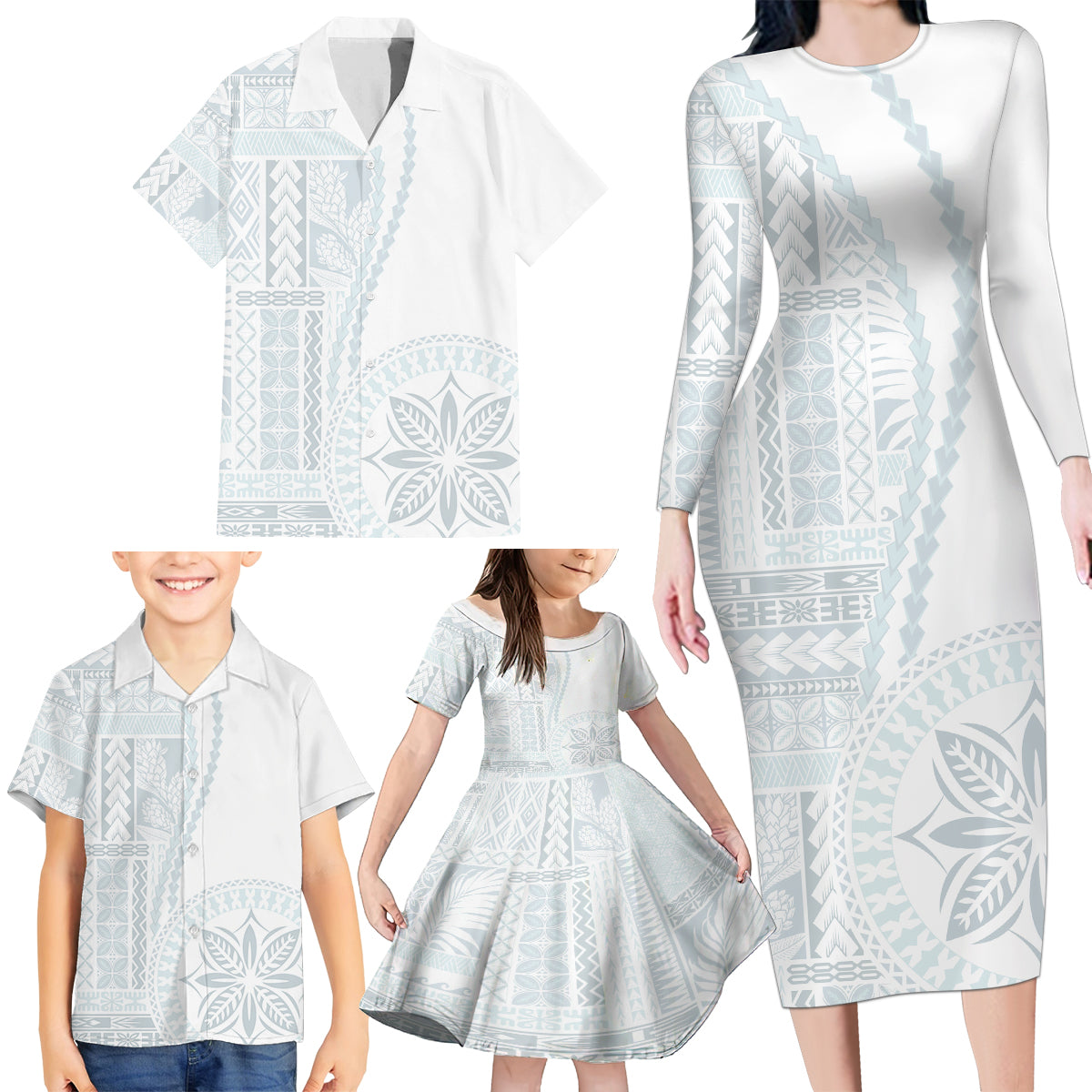 Samoa White Sunday Family Matching Long Sleeve Bodycon Dress and Hawaiian Shirt Classic Siapo Style LT7 - Polynesian Pride