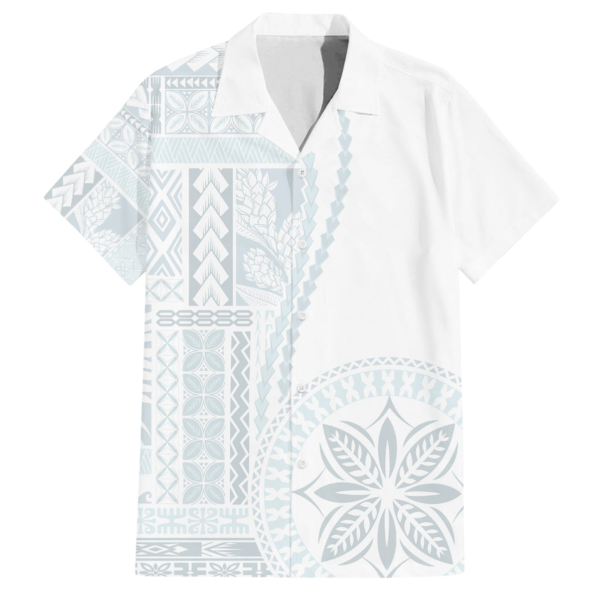 Samoa White Sunday Family Matching Long Sleeve Bodycon Dress and Hawaiian Shirt Classic Siapo Style LT7 Dad's Shirt - Short Sleeve White - Polynesian Pride