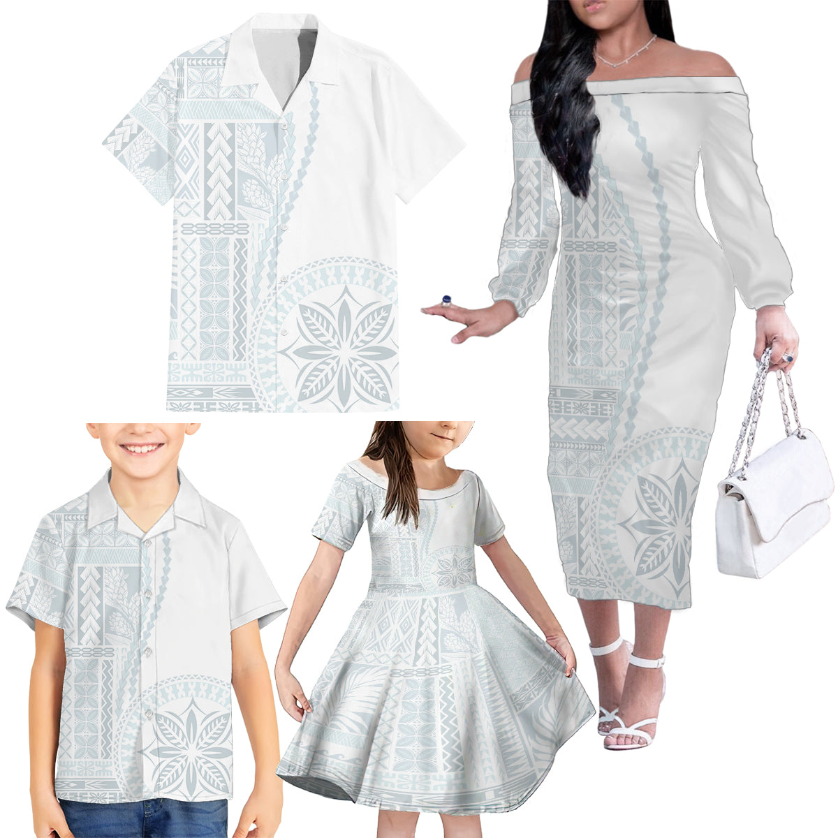 Samoa White Sunday Family Matching Off Shoulder Long Sleeve Dress and Hawaiian Shirt Classic Siapo Style LT7 - Polynesian Pride