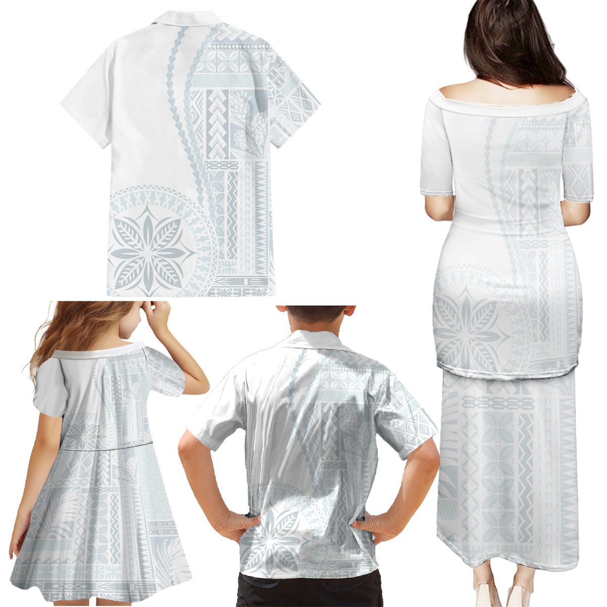 Samoa White Sunday Family Matching Puletasi Dress and Hawaiian Shirt Classic Siapo Style LT7 - Polynesian Pride