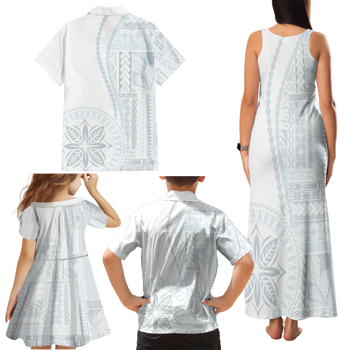 Samoa White Sunday Family Matching Tank Maxi Dress and Hawaiian Shirt Classic Siapo Style LT7 - Polynesian Pride