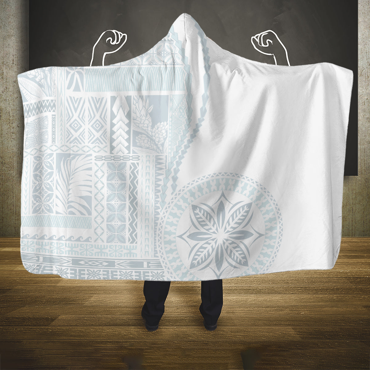 Samoa White Sunday Hooded Blanket Classic Siapo Style LT7 One Size White - Polynesian Pride