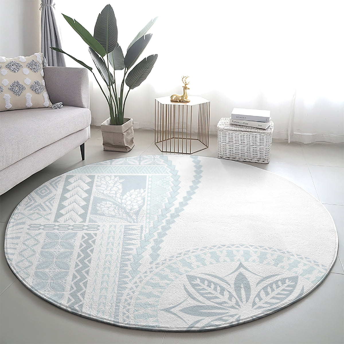 Samoa White Sunday Round Carpet Classic Siapo Style LT7 - Polynesian Pride