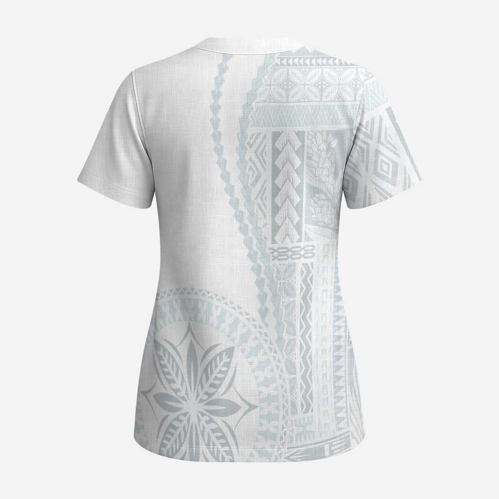 Samoa White Sunday Scrub Top Classic Siapo Style - Polynesian Pride