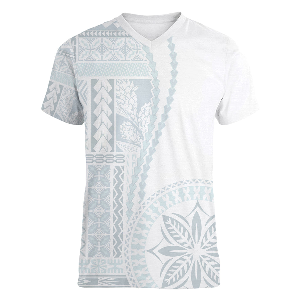 Samoa White Sunday Women V Neck T Shirt Classic Siapo Style LT7 Female White - Polynesian Pride