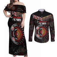 Aotearoa and Australia Indigenous Couples Matching Off Shoulder Maxi Dress and Long Sleeve Button Shirt Stand Together For Te Tiriti LT7 Black - Polynesian Pride