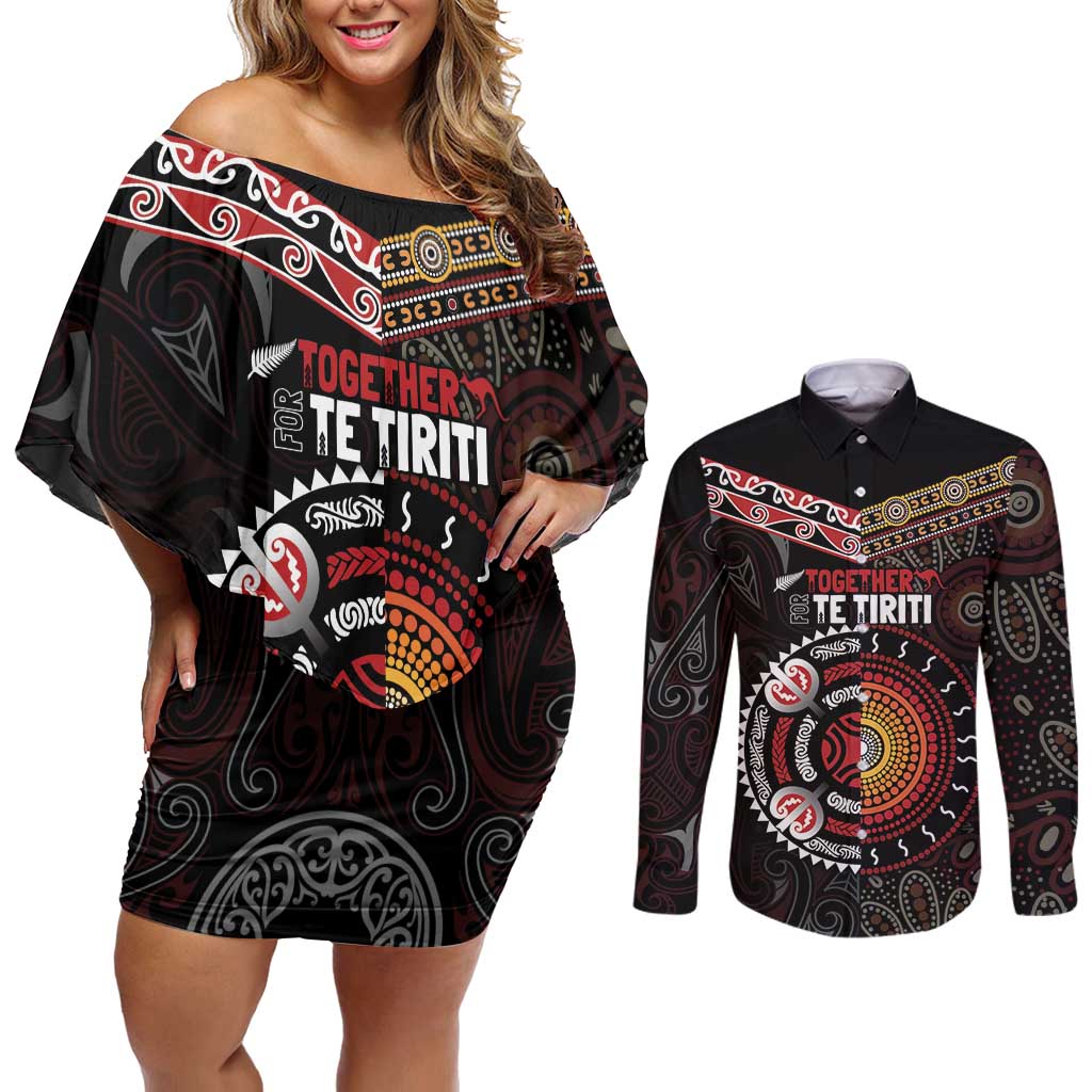 Aotearoa and Australia Indigenous Couples Matching Off Shoulder Short Dress and Long Sleeve Button Shirt Stand Together For Te Tiriti LT7 Black - Polynesian Pride