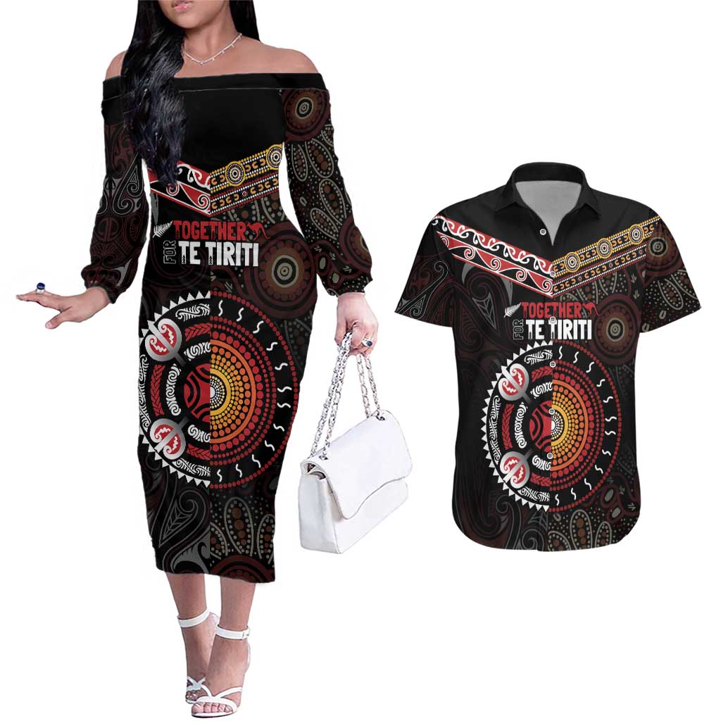Aotearoa and Australia Indigenous Couples Matching Off The Shoulder Long Sleeve Dress and Hawaiian Shirt Stand Together For Te Tiriti LT7 Black - Polynesian Pride