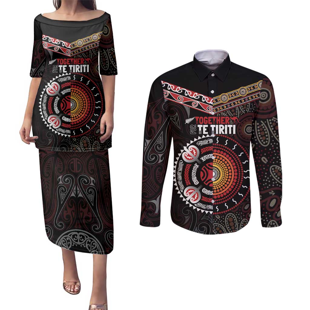 Aotearoa and Australia Indigenous Couples Matching Puletasi and Long Sleeve Button Shirt Stand Together For Te Tiriti LT7 Black - Polynesian Pride