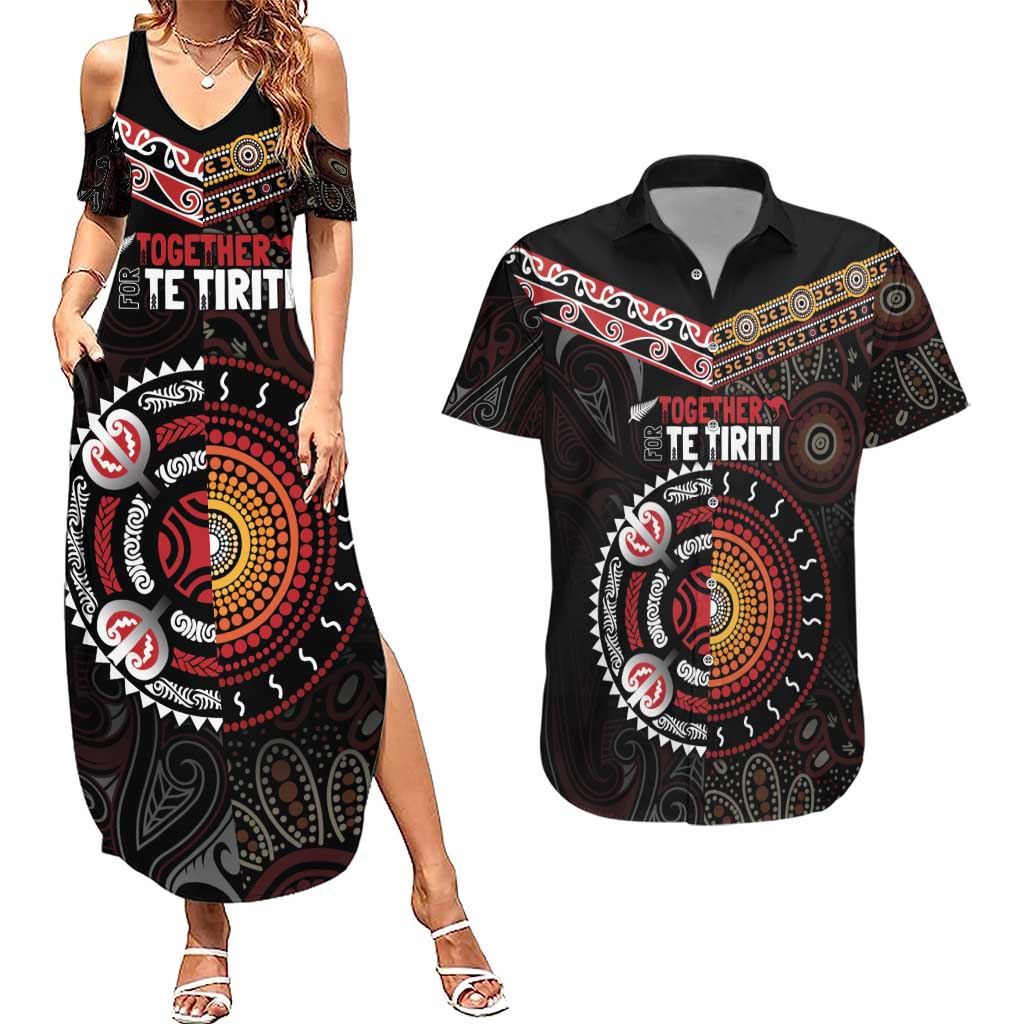 Aotearoa and Australia Indigenous Couples Matching Summer Maxi Dress and Hawaiian Shirt Stand Together For Te Tiriti LT7 Black - Polynesian Pride