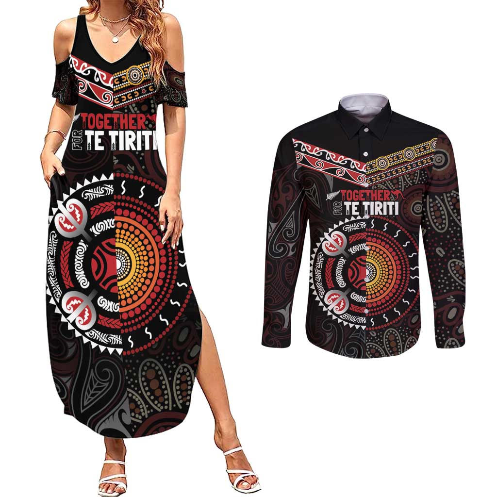 Aotearoa and Australia Indigenous Couples Matching Summer Maxi Dress and Long Sleeve Button Shirt Stand Together For Te Tiriti LT7 Black - Polynesian Pride
