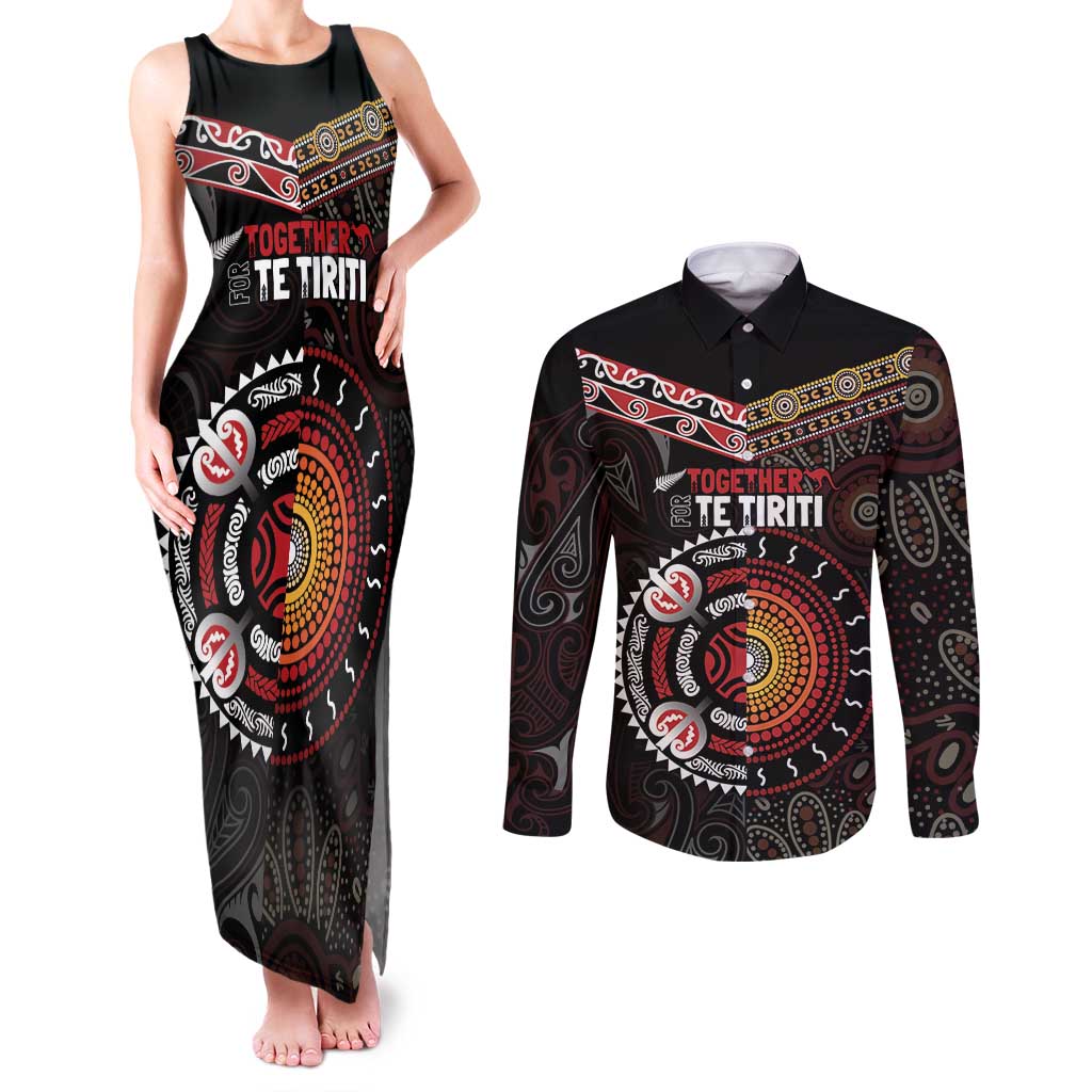 Aotearoa and Australia Indigenous Couples Matching Tank Maxi Dress and Long Sleeve Button Shirt Stand Together For Te Tiriti LT7 Black - Polynesian Pride