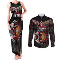 Aotearoa and Australia Indigenous Couples Matching Tank Maxi Dress and Long Sleeve Button Shirt Stand Together For Te Tiriti LT7 Black - Polynesian Pride