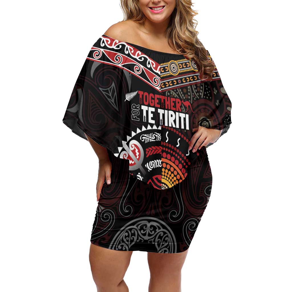 Aotearoa and Australia Indigenous Off Shoulder Short Dress Stand Together For Te Tiriti LT7 Women Black - Polynesian Pride
