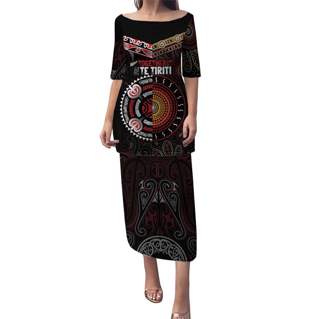 Aotearoa and Australia Indigenous Puletasi Stand Together For Te Tiriti LT7 Long Dress Black - Polynesian Pride