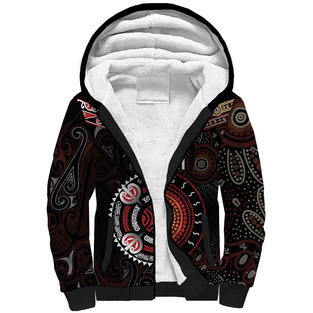 Aotearoa and Australia Indigenous Sherpa Hoodie Stand Together For Te Tiriti LT7 Unisex Black - Polynesian Pride