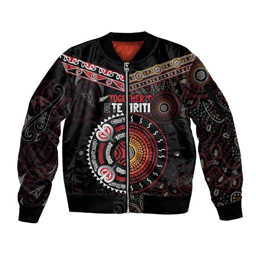 Aotearoa and Australia Indigenous Sleeve Zip Bomber Jacket Stand Together For Te Tiriti