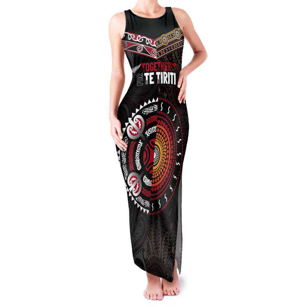 Aotearoa and Australia Indigenous Tank Maxi Dress Stand Together For Te Tiriti LT7 Women Black - Polynesian Pride