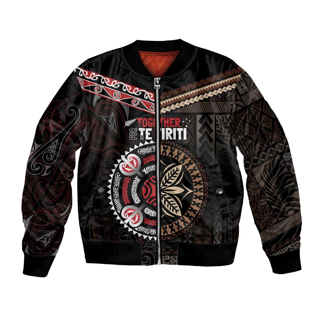 Aotearoa and Samoa Together For Te Tiriti Bomber Jacket Kowhaiwhai Mix Siapo