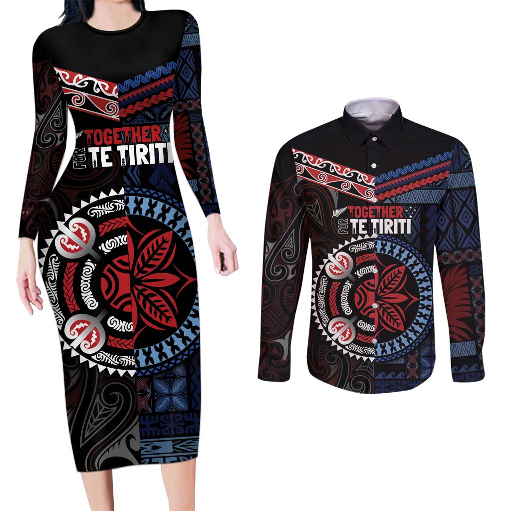 Aotearoa and Samoa Together For Te Tiriti Couples Matching Long Sleeve Bodycon Dress and Long Sleeve Button Shirt Kowhaiwhai Mix Siapo - Flag Color