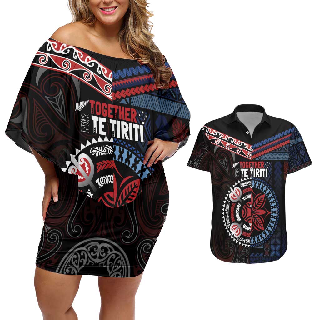 Aotearoa and Samoa Together For Te Tiriti Couples Matching Off Shoulder Short Dress and Hawaiian Shirt Kowhaiwhai Mix Siapo - Flag Color