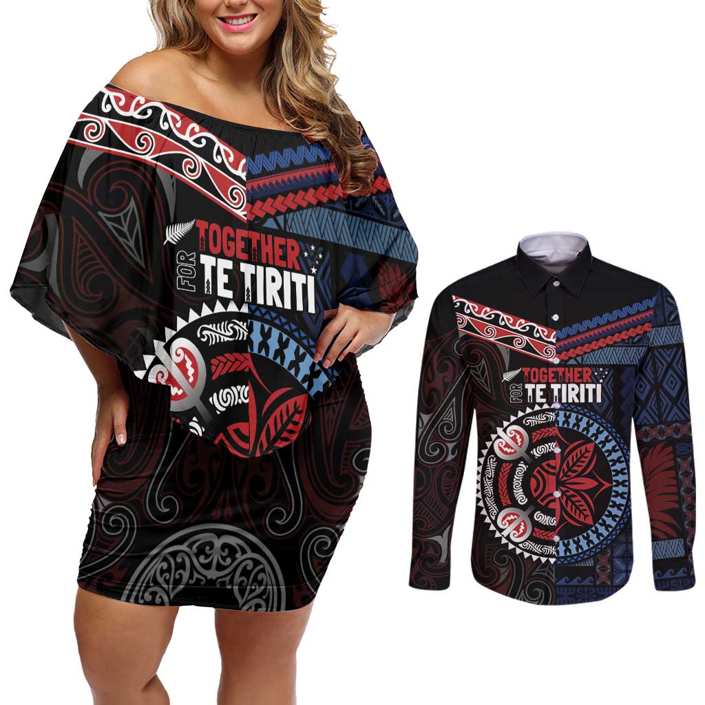Aotearoa and Samoa Together For Te Tiriti Couples Matching Off Shoulder Short Dress and Long Sleeve Button Shirt Kowhaiwhai Mix Siapo - Flag Color